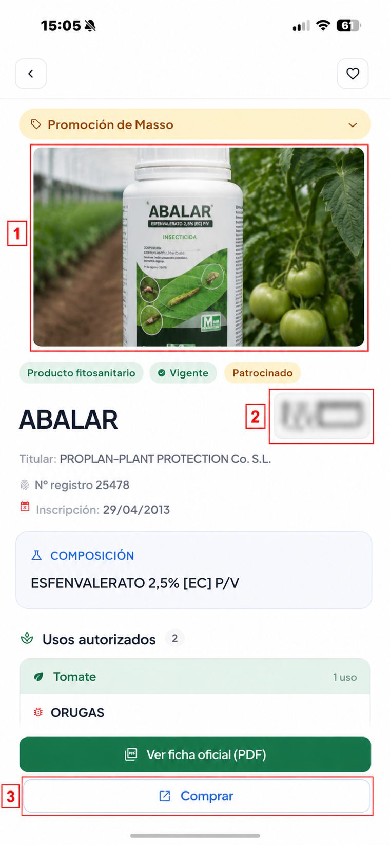 Ficha de producto patrocinada con imagen, logo y botón de compra