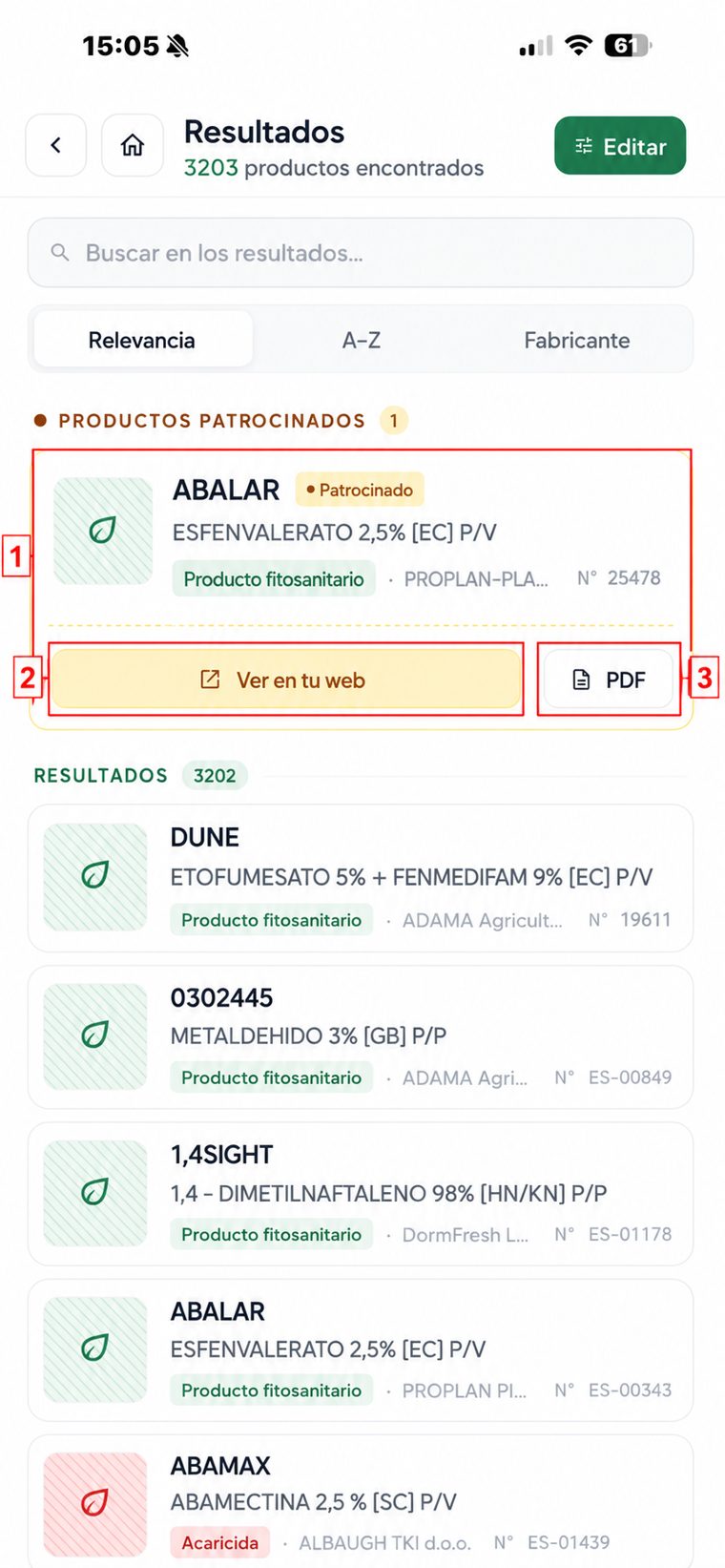 Resultados de búsqueda con producto patrocinado destacado